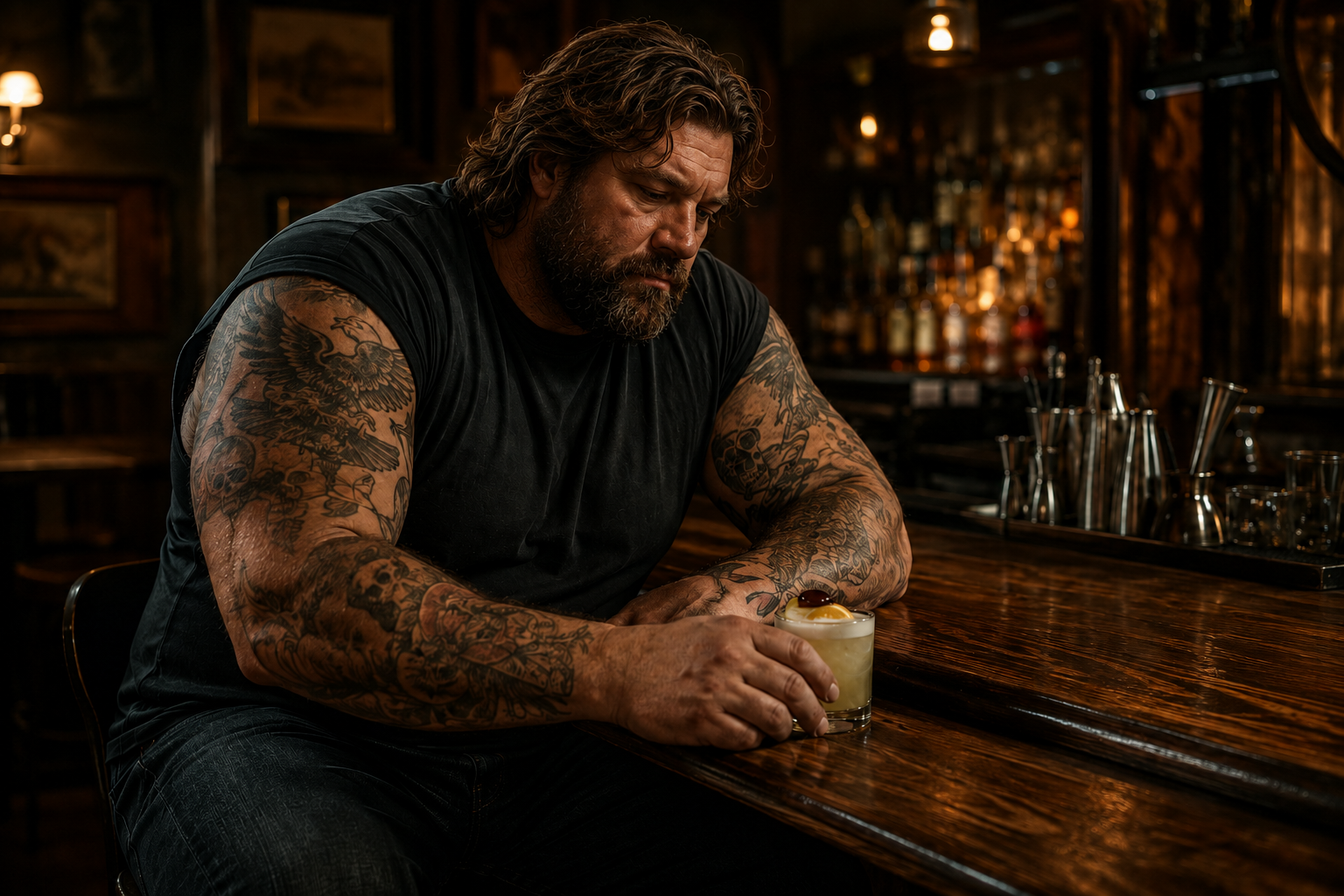 Gene, a large tattooed biker with shaggy dark hair, sitting at a bar with a whiskey sour