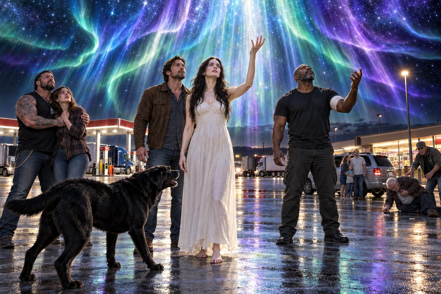 Rachel raises one hand beneath a miraculous sky of colored light while the others stare in wonder, an old man collapses, and Sasha alone watches Rachel with distrust