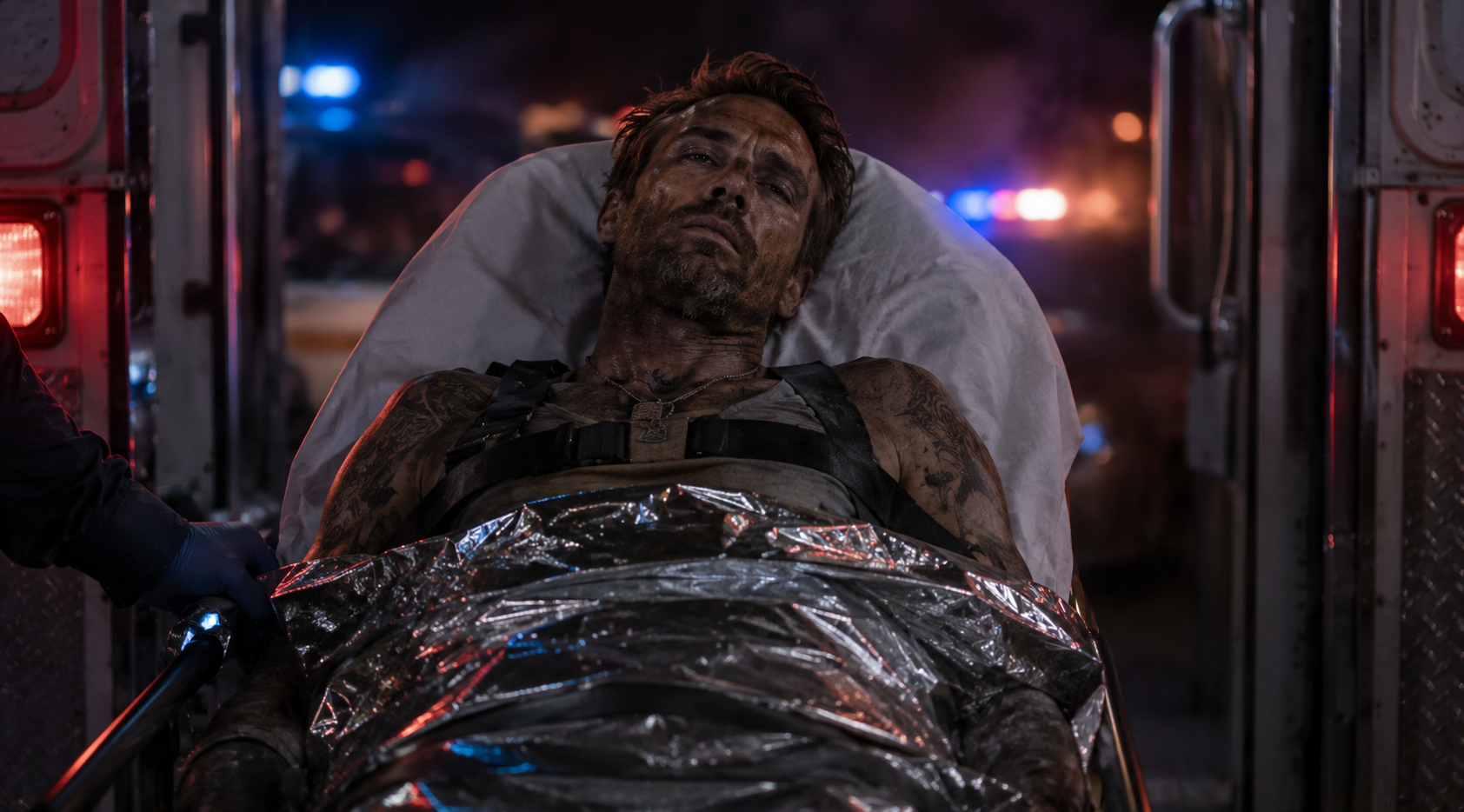 A battered and exhausted Bodhi being loaded into an ambulance at night under red and blue emergency lights