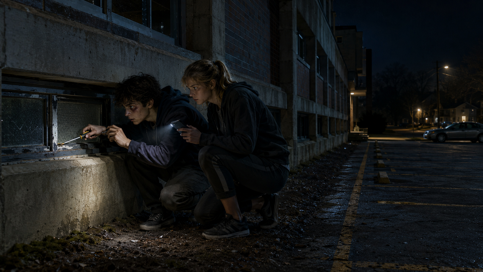 Tomas and Courtney outside their darkened school preparing to open a classroom window