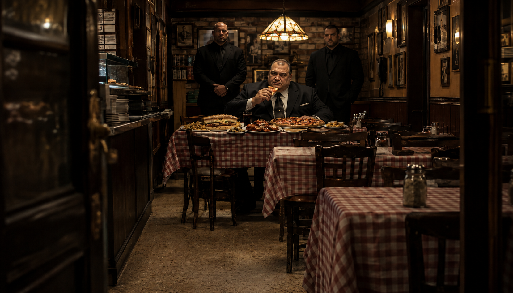 Ted Polmey eating at the back of a neighborhood pizzeria with two imposing bodyguards in black suits behind him