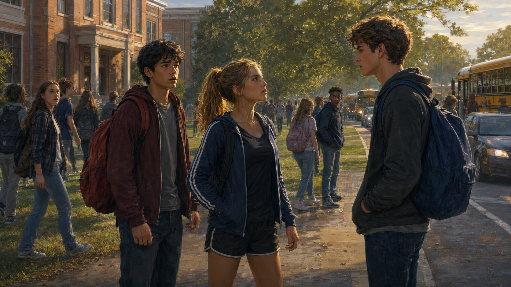 Courtney standing up to Bryce for Tomas outside the school as students, buses, and cars leave for the day