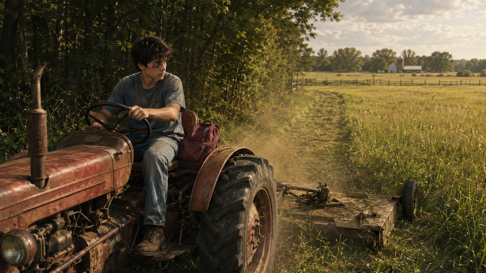 Tomas driving a tractor and mowing a field with a line of woods close on his left