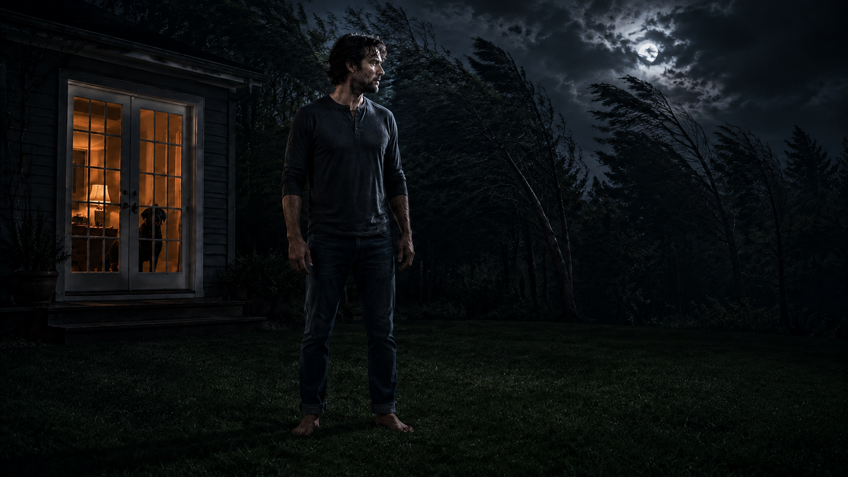 Barefoot Bodhi standing in his windblown backyard at night while Sasha watches from inside through warmly lit double French doors