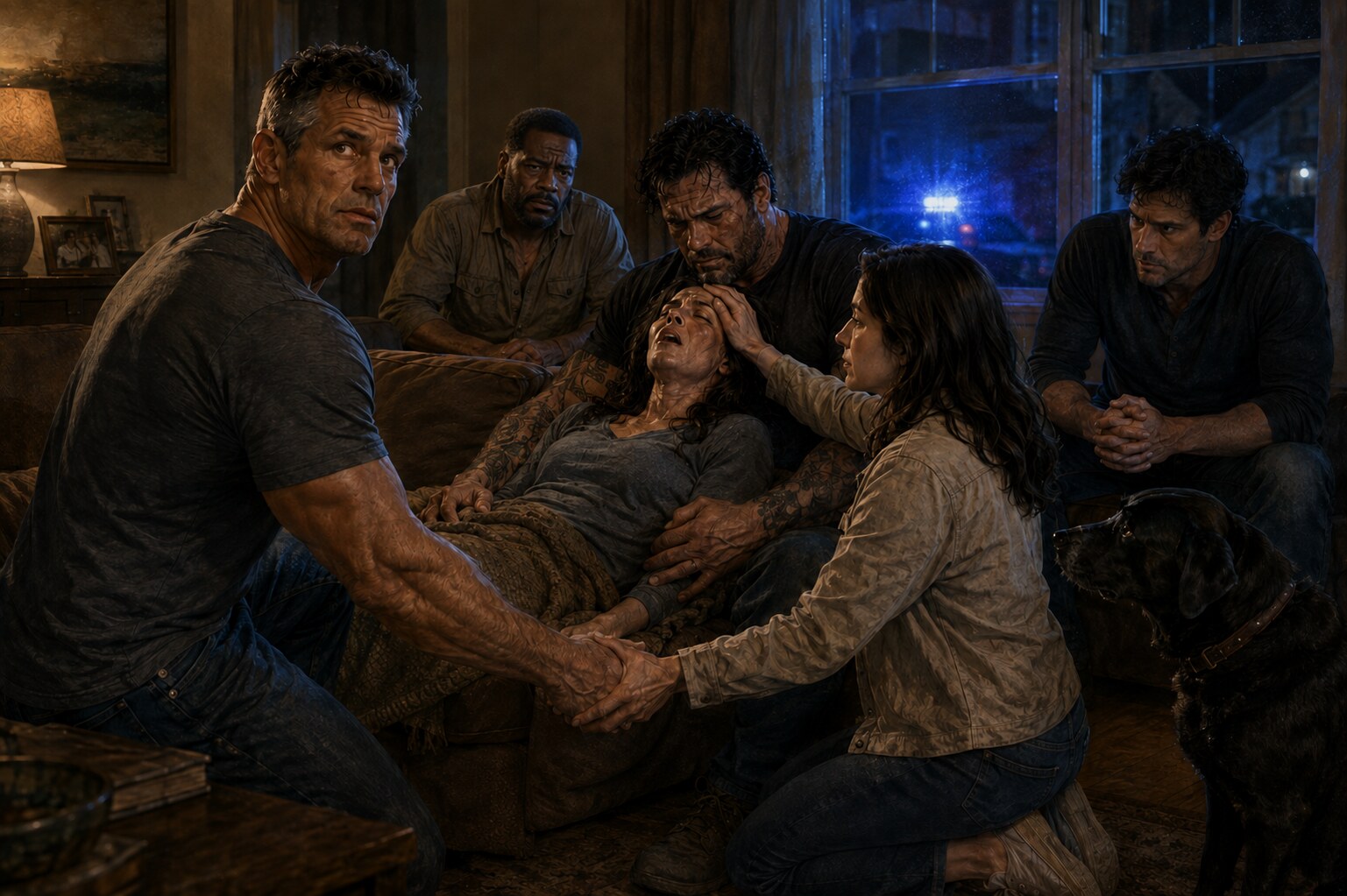 Dan leads an uneasy prayer around Kristy Lee as Black former football player Marcus Reed watches from behind the couch, Rachel touches Kristy Lee’s forehead, and blue police lights flash through the window