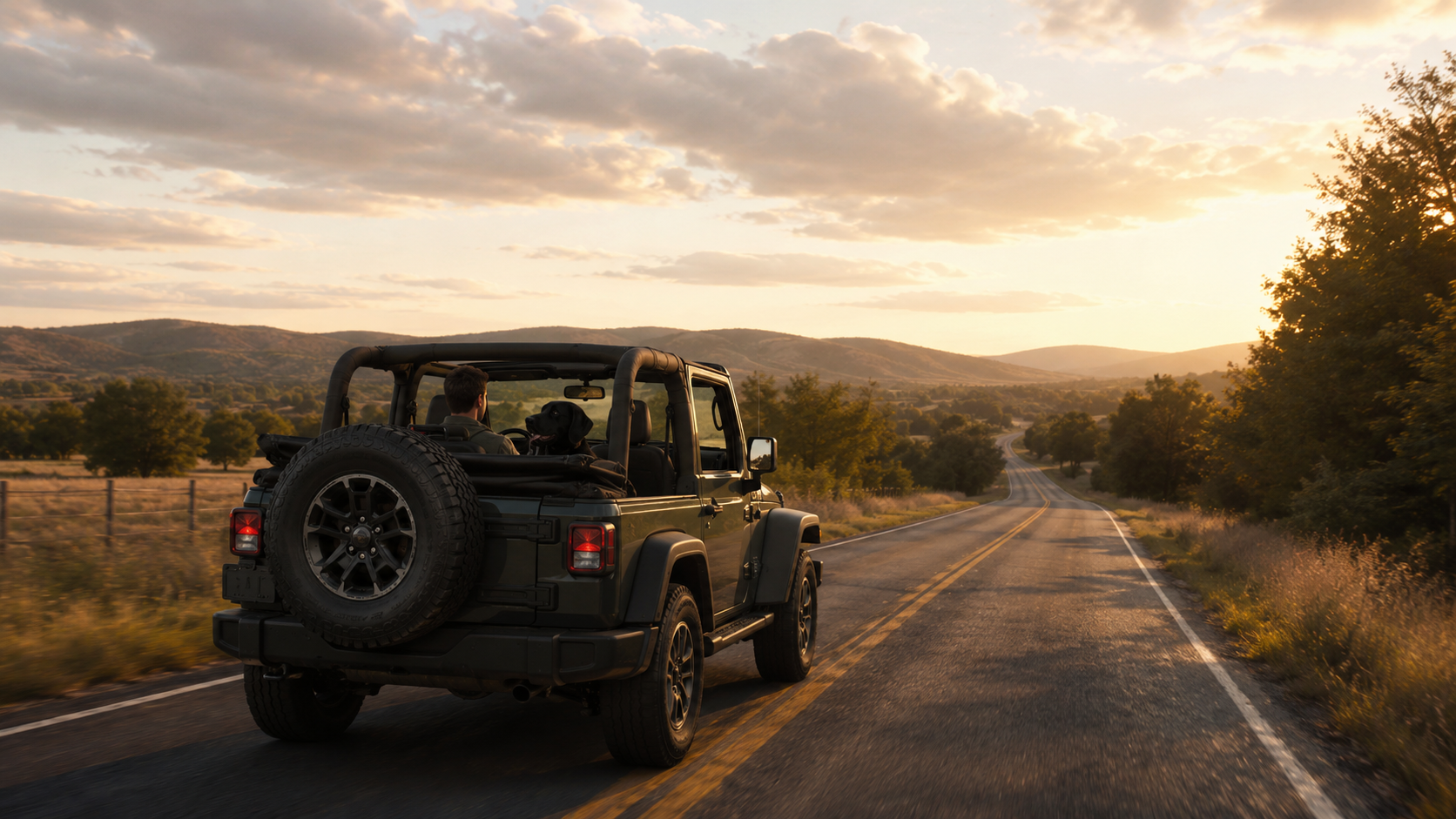Bodhi and Sasha driving away together in a black Jeep down a long open country road