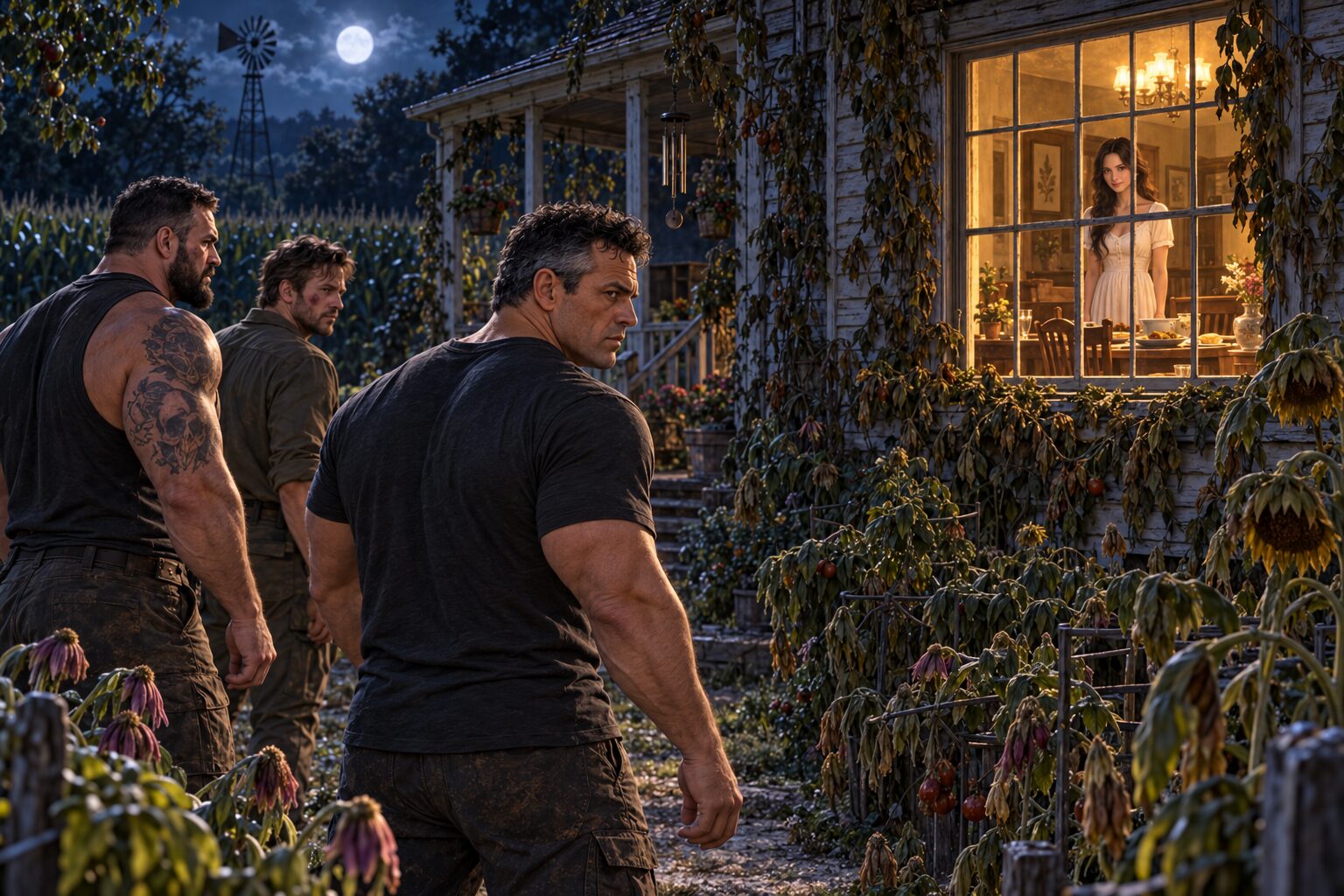 Dan, Gene, and Bodhi watch Rachel standing restored in a warmly lit dining-room window while the moonlit garden closes and withers around her