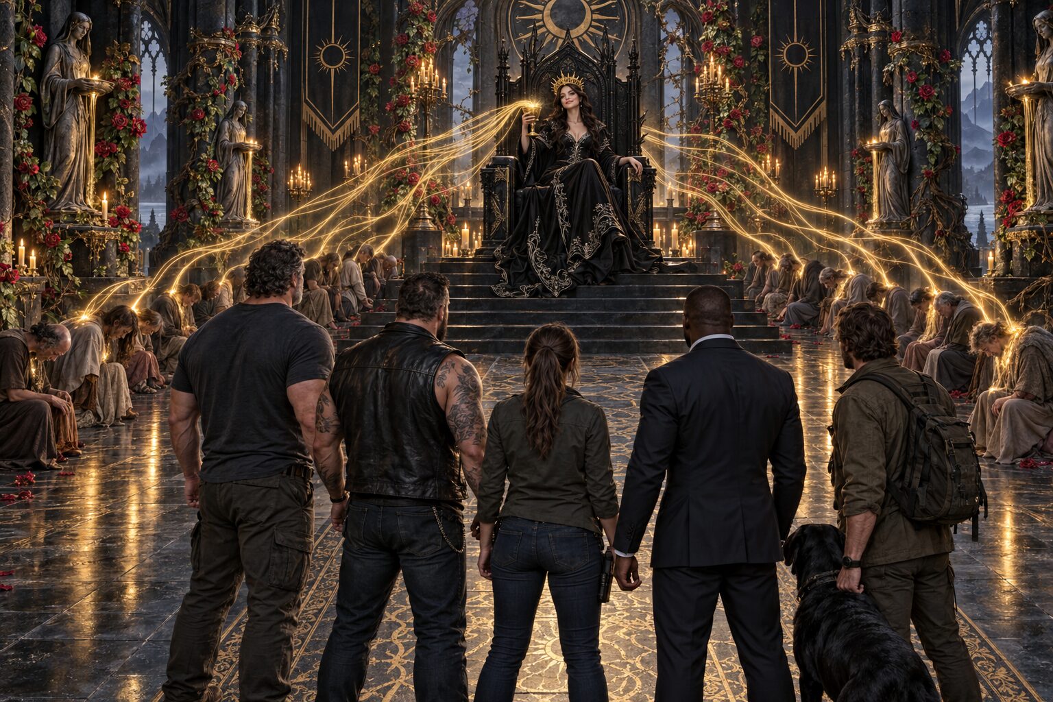 Rachel raises a golden chalice from a black throne as golden threads rise from kneeling villagers, while Dan, Gene, Kristy Lee, Henderson, Bodhi, and Sasha stand together before her