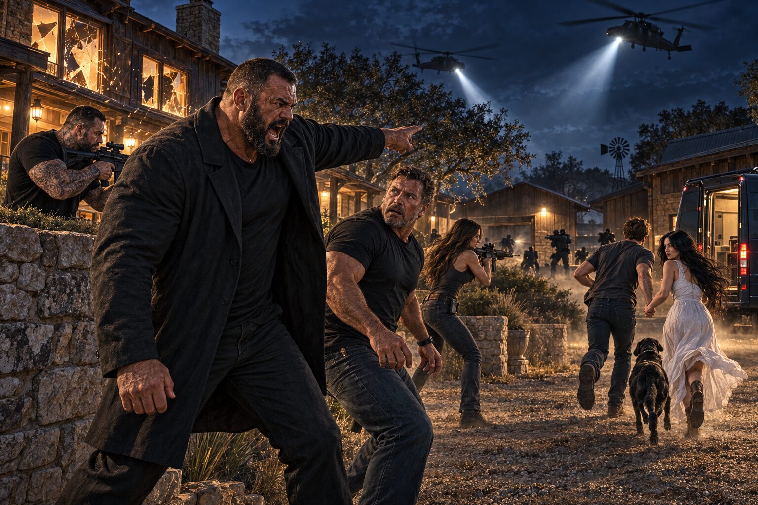 Nain shouts and points toward a service van as Dan looks back in shock and the others flee beneath helicopter searchlights during an attack on the ranch