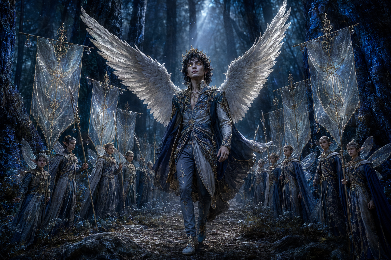 Golden-eyed Orion entering the Blue Tree Forest with silver-white wings and a fairy royal guard carrying moonlit banners